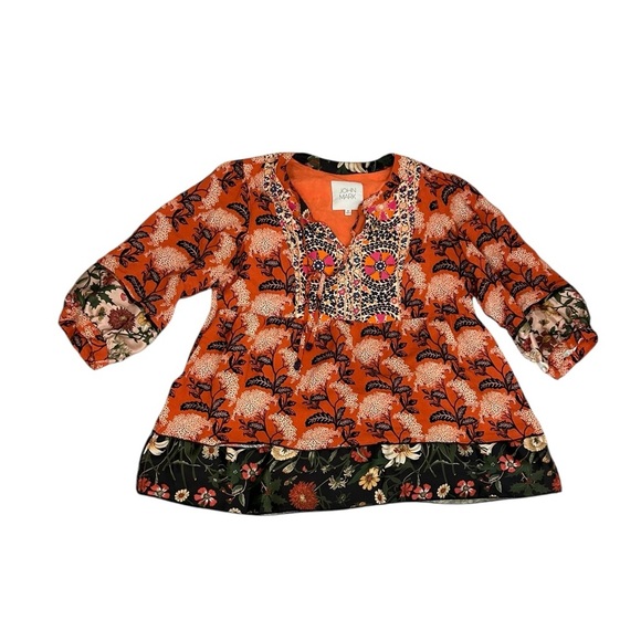John Mark Orange Artsy Boho Floral Mixed Print Blouse Size Medium Oversized - Picture 6 of 10